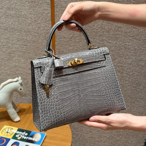 최고퀄 에르메스 올수공 켈리 25 시멘트 그레이 악어 가죽 금장