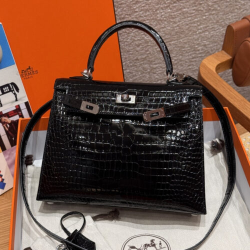 최고퀄 에르메스 올수공 켈리 25 블랙 유광 악어 가죽 은장